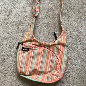 Aqua pink orange tan striped Kavu crossbody bag